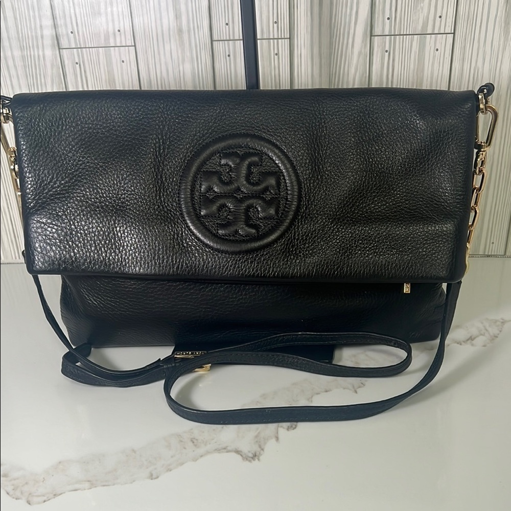 Tory Burch Bombe Fold-Over Crossbody/Clutch Black Pebbled Leather Bag
